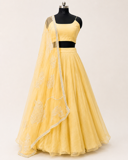 Pastel Yellow Organza Lehenga,  Indian Wedding Wear, Hand Embroidered Dupatta/ Stole