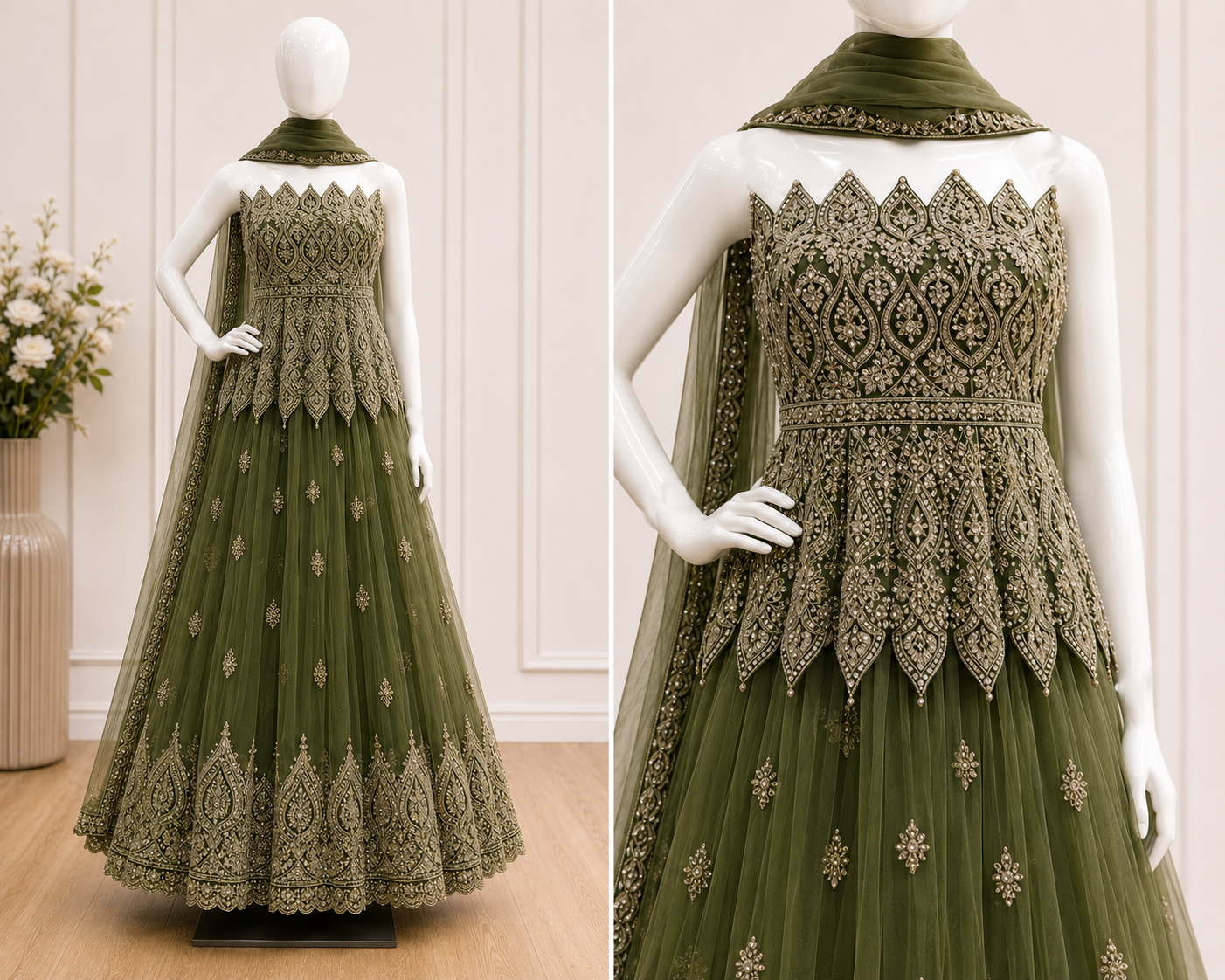 Designer Mehendi Green Net Lehenga with Set with Dupatta