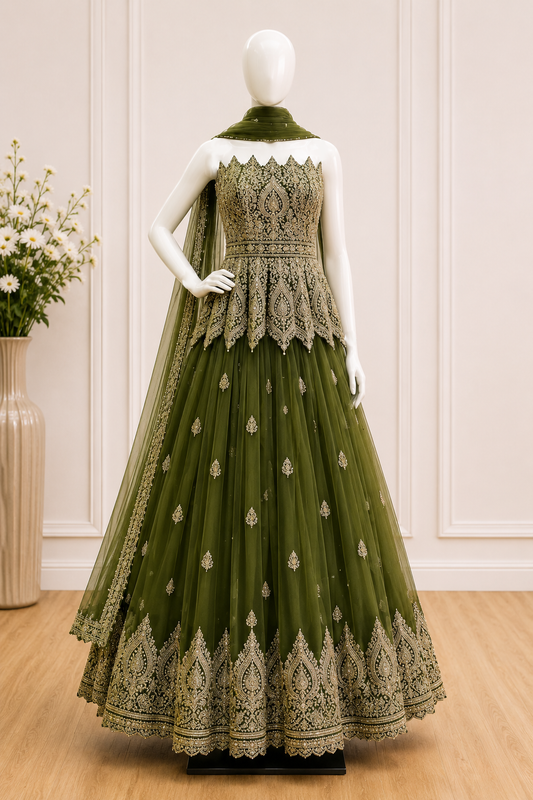Designer Mehendi Green Net Lehenga with Set with Dupatta