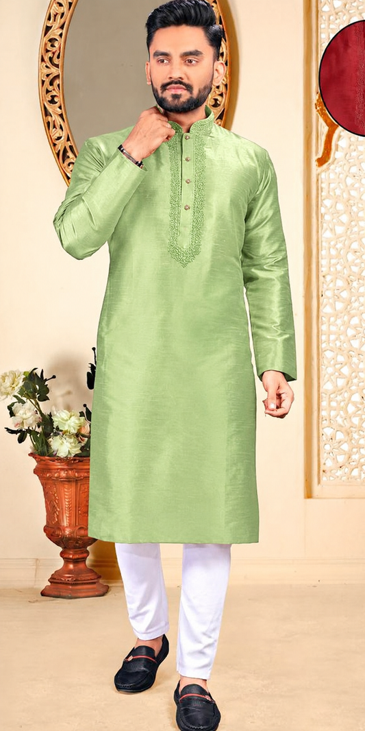 Pista Green Men Kurta Pajama, Men Indian Wear, Aari Work Kurta Pajama, Silk Kurta Pajama (Copy)