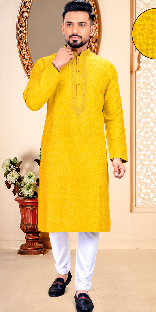 Yellow Lukhnawi Work Men Kurta Pajama, Men Indian Wear, Schifili Kurta Pajama, Rayon Kurta Pajama, Men Indian Wedding Wear, Indian Ethnic