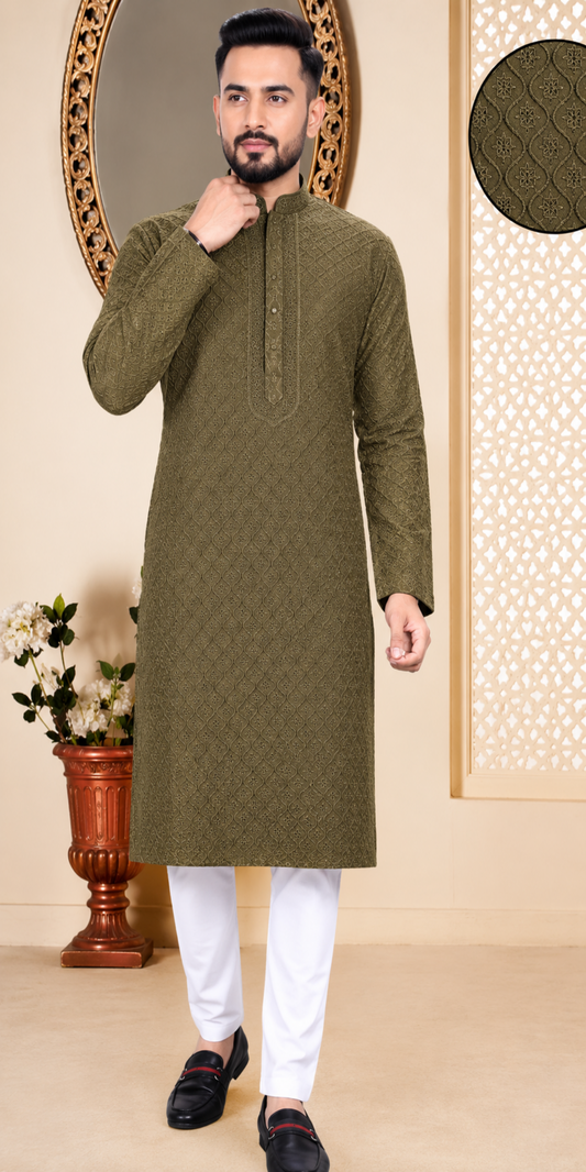 Green Lukhnawi Work Men Kurta Pajama, Men Indian Wear, Schifili Kurta Pajama, Rayon Kurta Pajama, Men Indian Wedding Wear, Indian Ethnic (Copy)