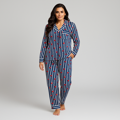 Navy Striped Pajama Set with Red Hearts, Soft Cotton Loungewear, Matching Top & Bottom, Women's Cozy Sleepwear, Gift for Her