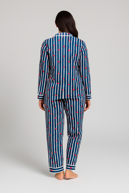 Navy Blue Stripe Pajamas,  Pajamas for women,  Heart print Pjs, Christmas pajamas, Christmas gift for women, Mother's Day gift, Valentine day gift, Valentine gift for her, Gift for mother, Blue Striped Night Suit, Heart print night suit, Sleepover party night suit, Blue Loungewear, Slumber party dress, Blue Heart Night suits gift for her. 