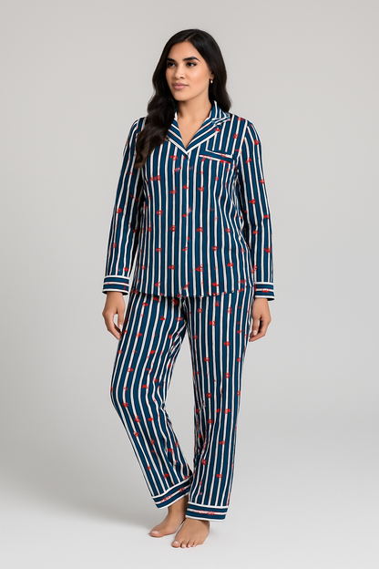 Navy Striped Pajama Set with Red Hearts, Soft Cotton Loungewear, Matching Top & Bottom, Women's Cozy Sleepwear, Gift for Her