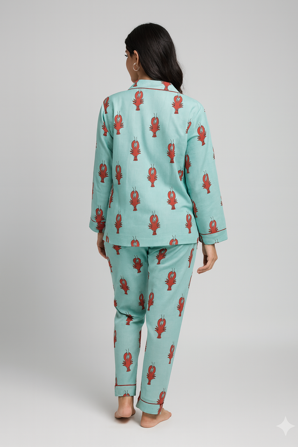Turquoise Lobster Print Pajama Set, Soft Cotton Women’s Lounge Set, Coastal Sleepwear, Matching Top & Bottoms, Gift For Her, Cozy Wear