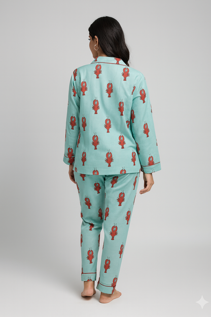 Turquoise Lobster Print Pajama Set, Soft Cotton Women’s Lounge Set, Coastal Sleepwear, Matching Top & Bottoms, Gift For Her, Cozy Wear