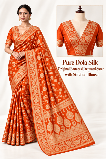 PURE DOLA SILK SAREE | BANARASI ZARI JACQUARD WORK | READY TO WEAR | STITCHED BLOUSE | FESTIVE & WEDDING SAREE