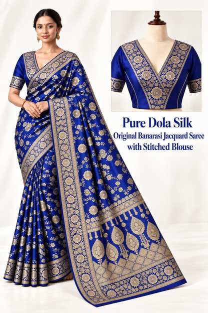 PURE DOLA SILK SAREE | BANARASI ZARI JACQUARD WORK | READY TO WEAR | STITCHED BLOUSE | FESTIVE & WEDDING SAREE