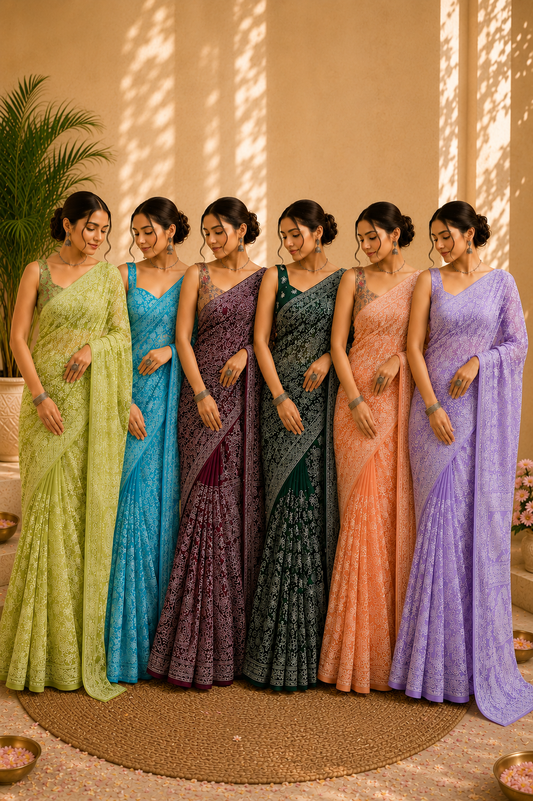 Women's pure georgette embroidered saree collection featuring six elegant colors—green, blue, purple, maroon, dark green, and peach—with intricate white floral embroidery and paisley motifs.