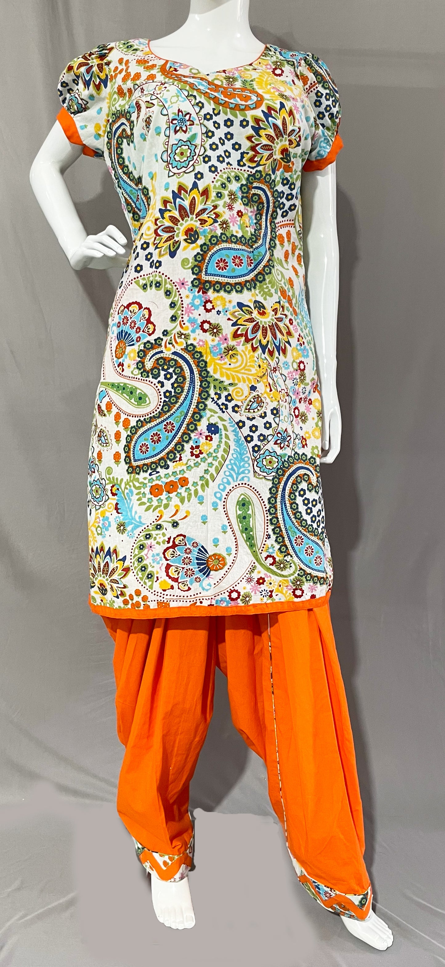 Orange and White Pure Cotton Patiala Salwar Suit