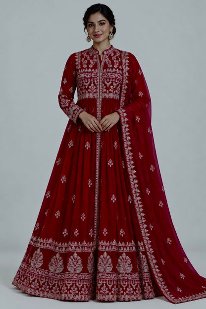 Deep Red Embroidered Faux Georgette Anarkali Gown Set,  3 Pc Set
