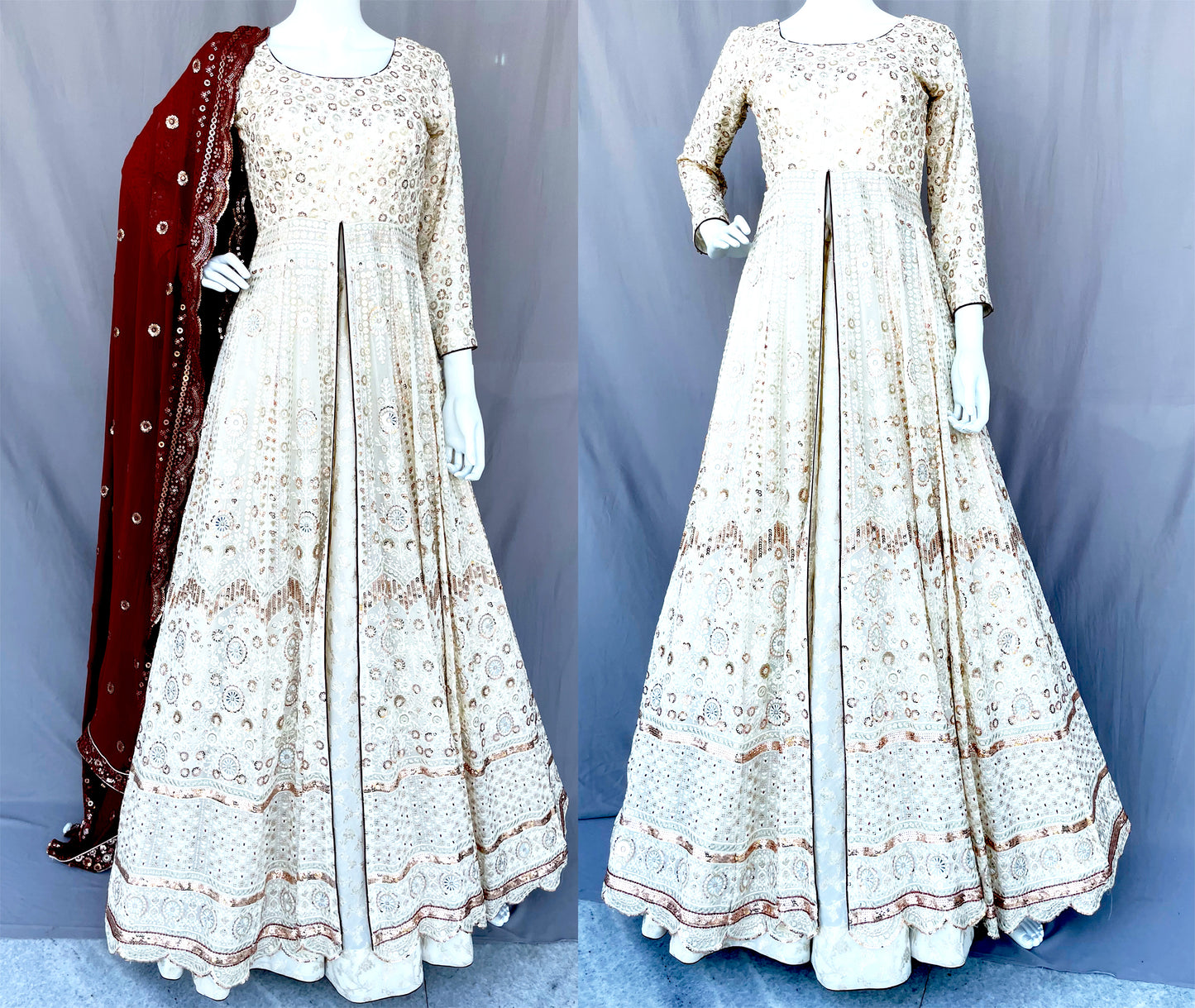 Off White Flared Pure Georgette Long Gown with Dupatta, Pure Chanderi Silk Indian Long Dress, Embroidered, Bridal Wear, Wedding Wear