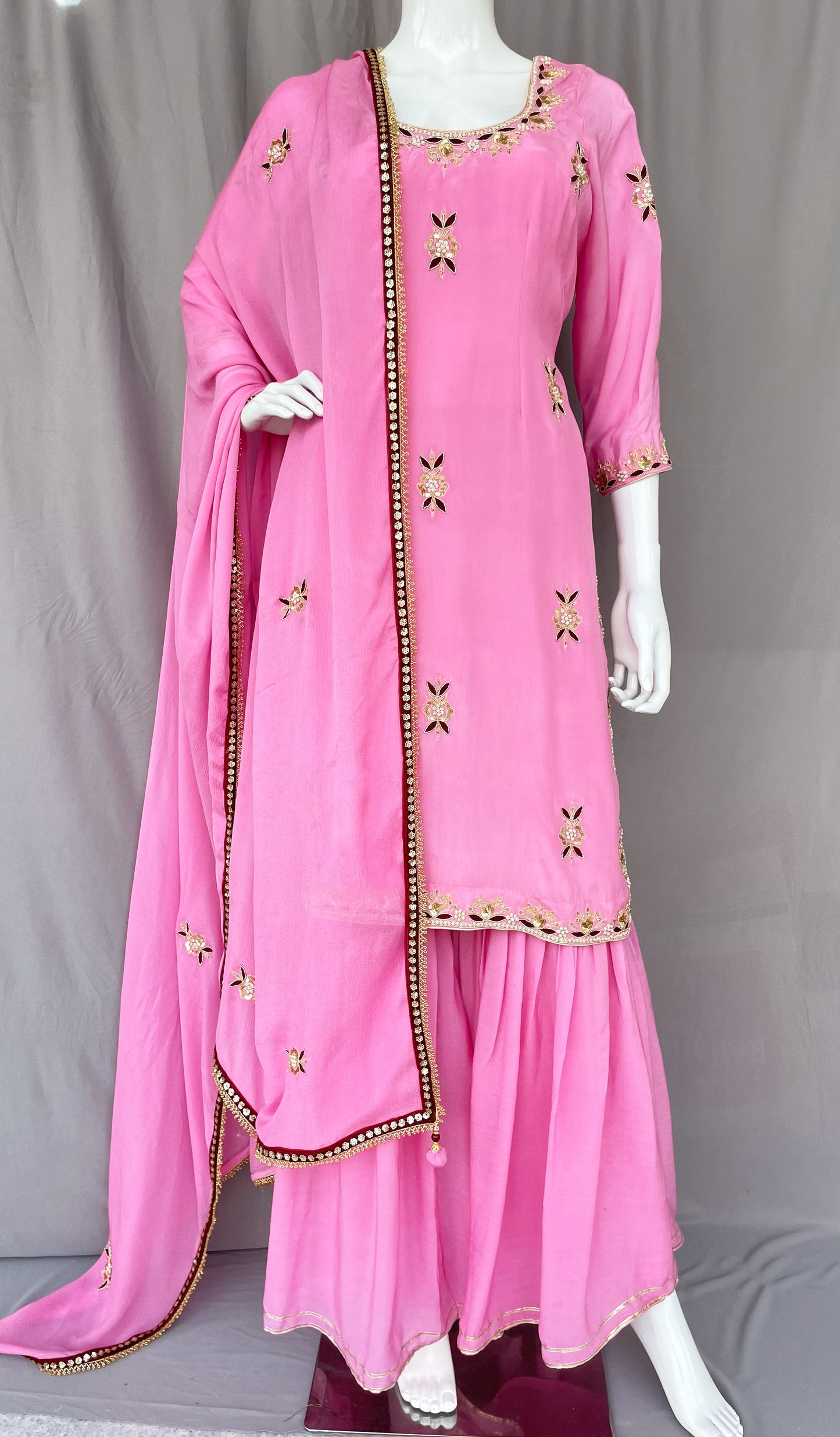 Onion Pink Pure Crepe Gharara Palazzo Suit, Hand Embroidered Suit