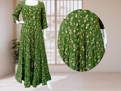 Olive Green Flared Pure Georgette Long Gown, Golden Embroidery, Bridesmaid,  Wedding Wear