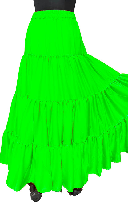 Parrot Green Tiered Silk Ankle Length Skirt Comfortable Elastic Waist Flared Layer
