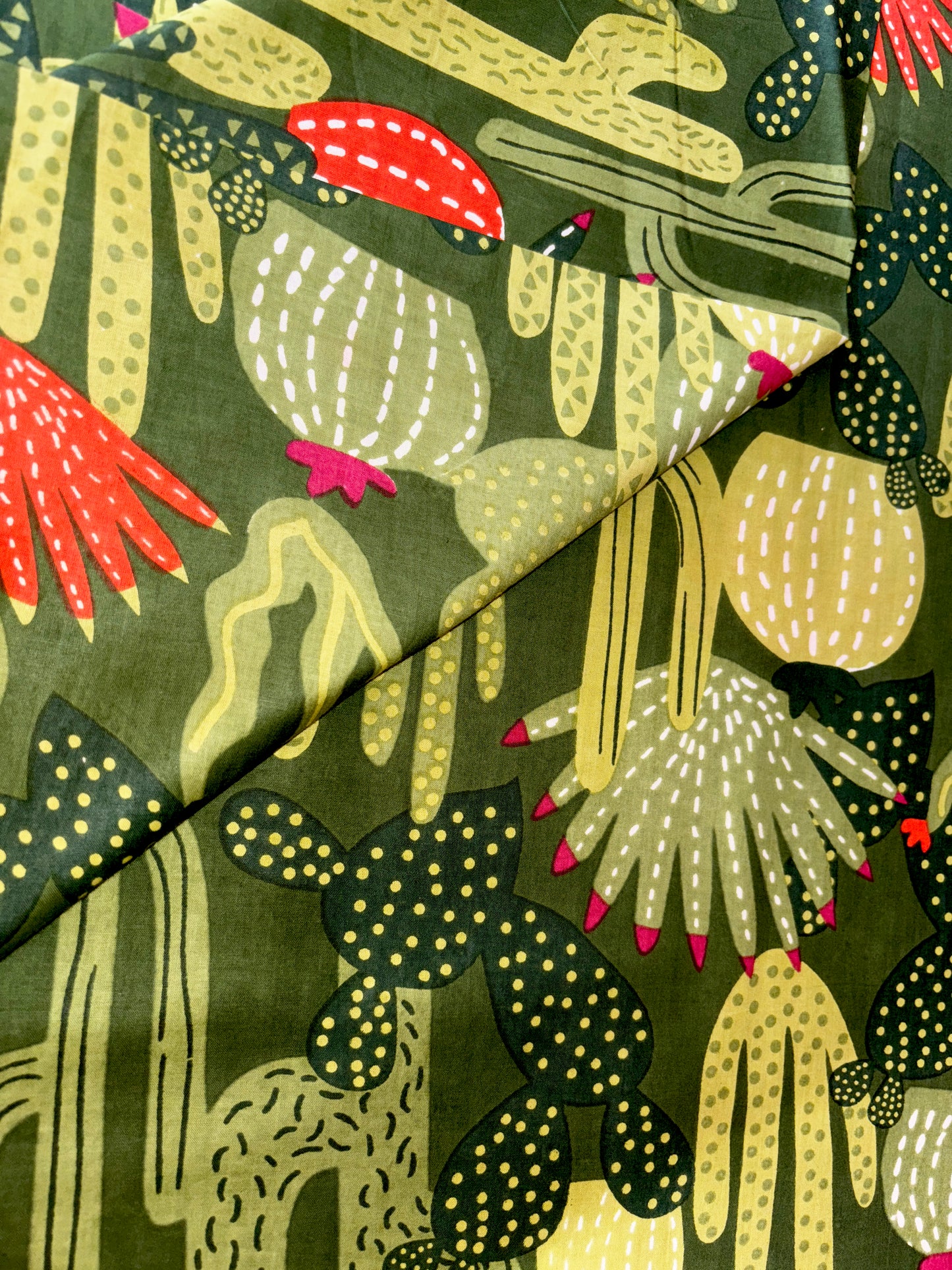 Black Pure Cotton Cambric Printed Fabrics, Colorful Cactus Print, Floral