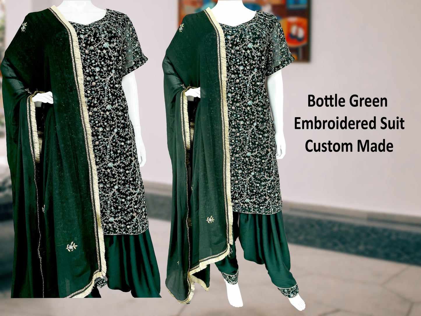 Bottle Green Patiala salwar Muslin suit, Kashmiri Embroidered Kurta, Wedding wear, Mehendi Wear Suit, Gift for her, Punjabi Suit, Handmade