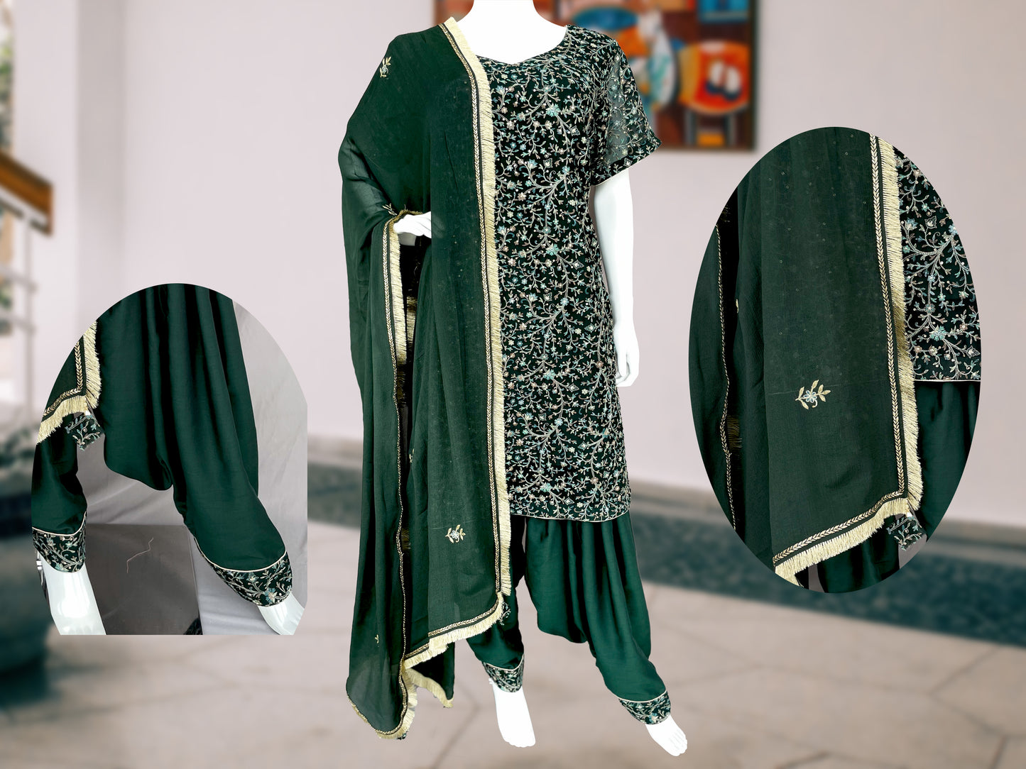 Bottle Green Patiala salwar Muslin suit, Kashmiri Embroidered Kurta, Wedding wear, Mehendi Wear Suit, Gift for her, Punjabi Suit, Handmade