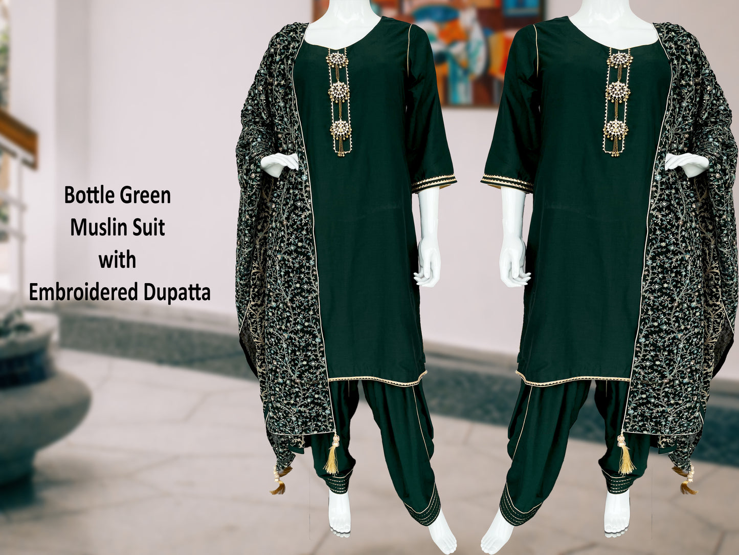 Bottle Green Patiala salwar Muslin suit, Kashmiri Embroidered Dupatta, Wedding wear, Mehendi Wear Suit, Gift for her, Punjabi Suit, Handmade