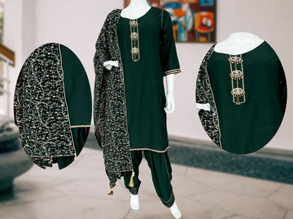 Bottle Green Patiala salwar Muslin suit, Kashmiri Embroidered Dupatta, Wedding wear, Mehendi Wear Suit, Gift for her, Punjabi Suit, Handmade