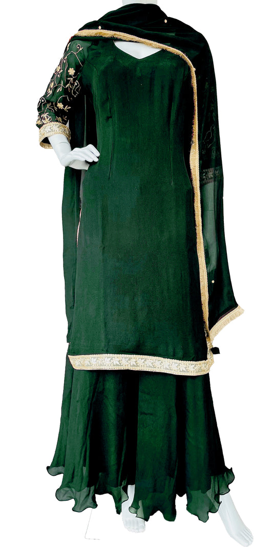 Green Pure Chinon Gharara Suit with Golden Border and Dupatta