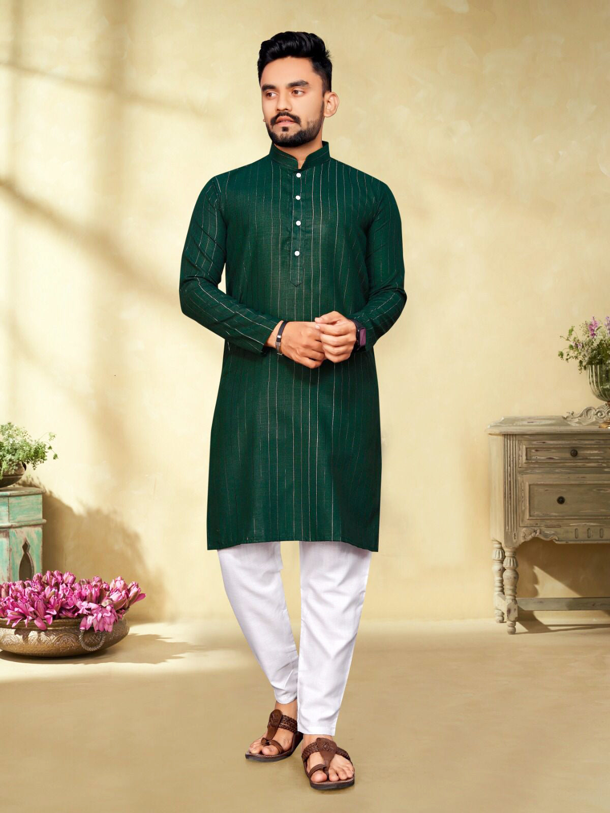 Green Men Kurta Pajama, Men Indian Wear, Lurex Kurta Pajama,