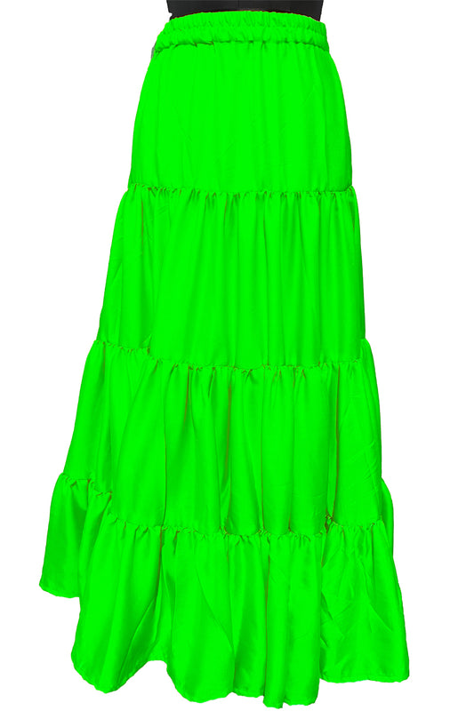 Bright Green Color Skirt, Parrot Green Flared Layer Skirt, Pride Month Skirt. Rainbow flag skirt. Soft Silk Skirt, Elastic Skirt