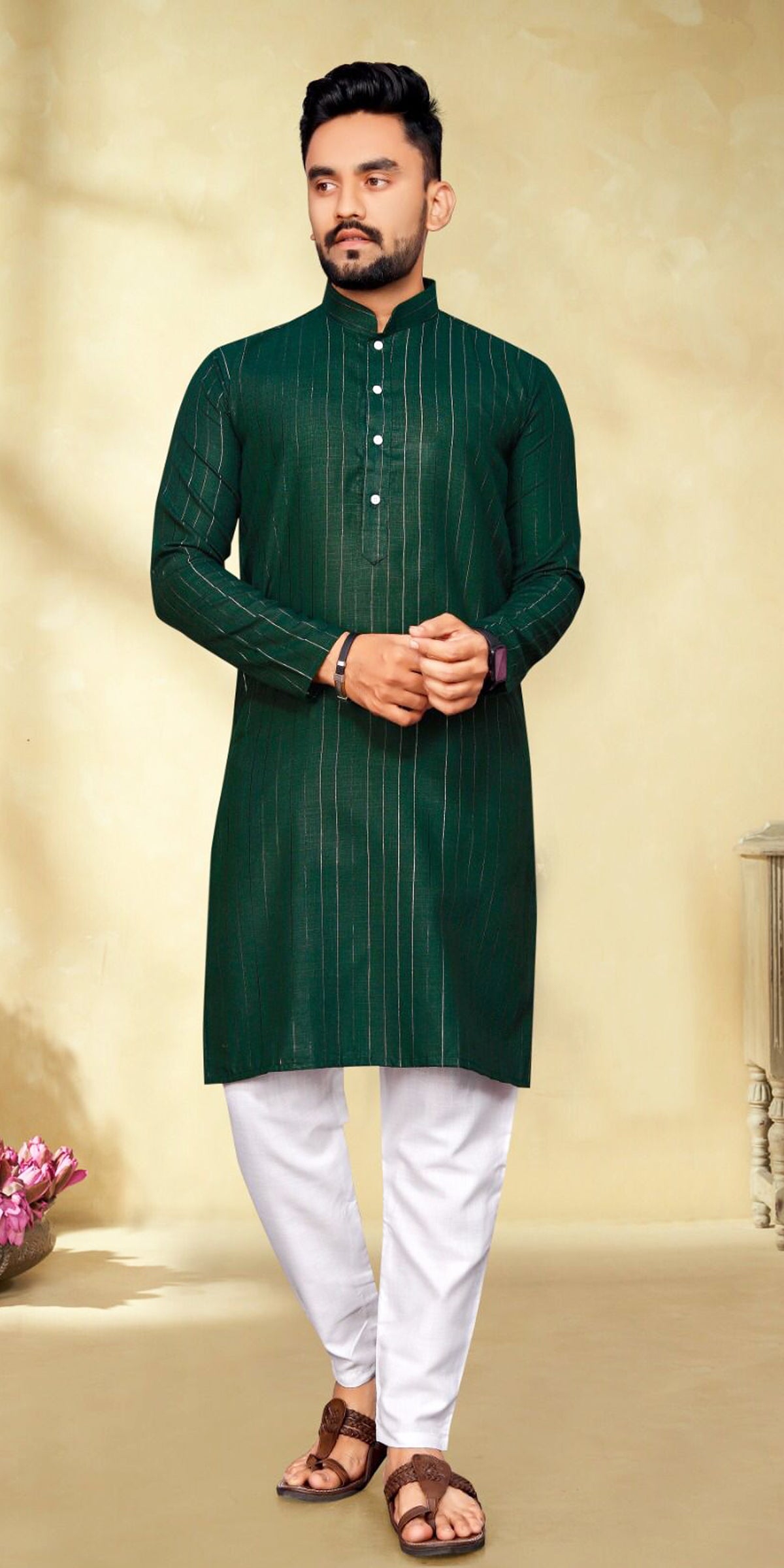 Green Men Indian Wear, Men Kurta Pajama, Collared kurta for men, Green Lurex  kurta, White Pajama for men. Boys Indian Wear, Pooja wear for men, Gurudwara wear, Mosque wear, Temple wear for men, Cotton Kurta Pajama, Partywear Kurta Pajama, Mehdi Night wear for men