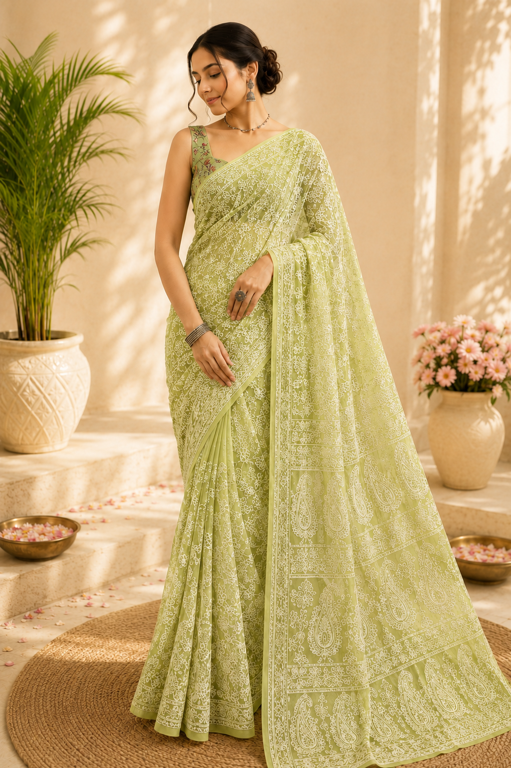 Woman wearing a light green pure georgette saree with intricate white floral embroidery and paisley motifs, paired with a matching embroidered blouse.