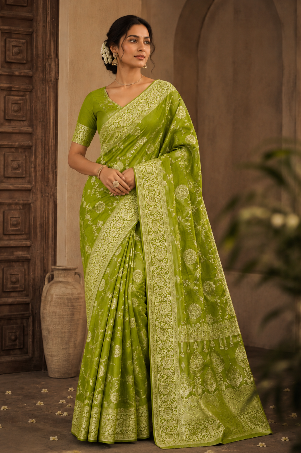 Olive green Dola silk saree with gold zari woven floral design, rich pallu, and matching blouse.