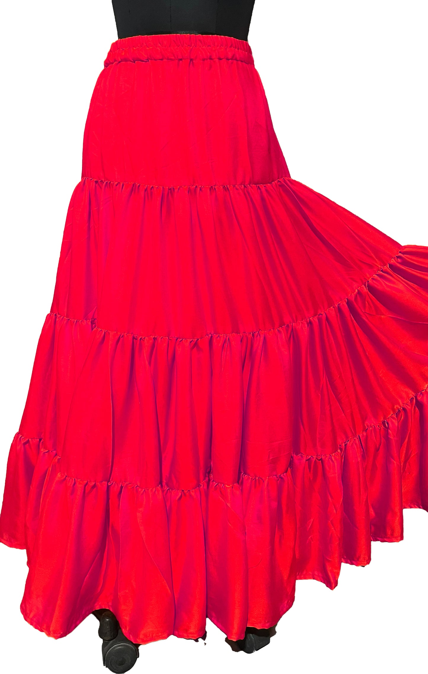 Bright Pink Tiered Silk Ankle Length Skirt Comfortable Elastic Waist Flared Layer