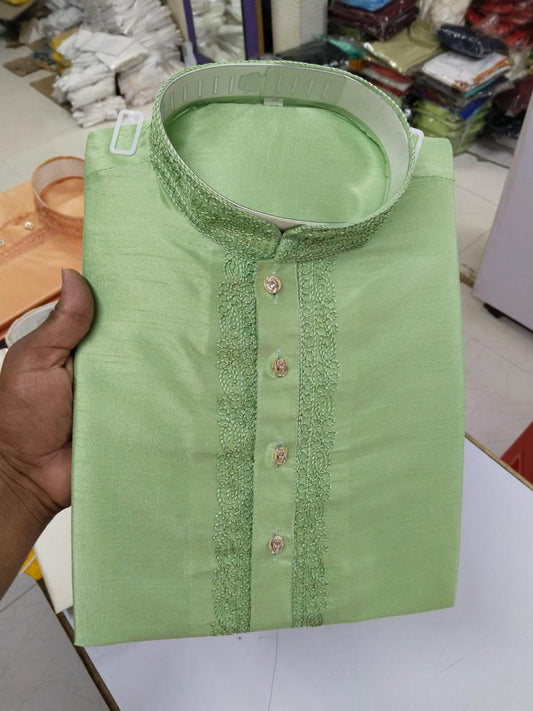 Pista Green Men Kurta Pajama, Men Indian Wear, Aari Work Kurta Pajama, Silk Kurta Pajama (Copy)