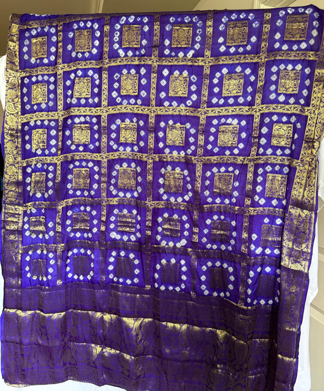 Purple Handmade Bandhani Dupatta with Full Gold Zari Work – Traditional Women's Ethnic Dupatta