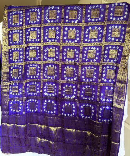 Purple Handmade Bandhani Dupatta with Full Gold Zari Work – Traditional Women's Ethnic Dupatta