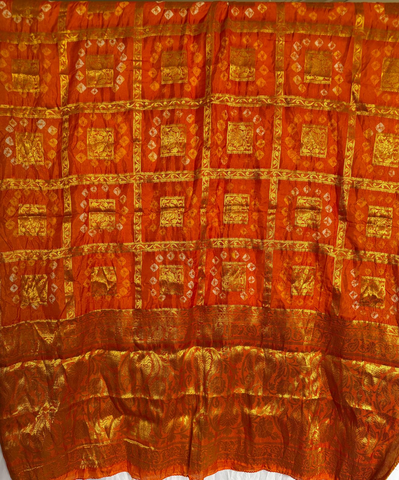 Orange Handmade Bandhani Dupatta with Full Gold Zari Work – Traditional Women's Ethnic Dupatta