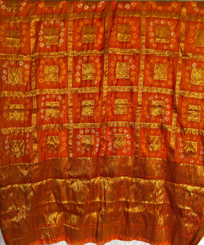 Orange Handmade Bandhani Dupatta with Full Gold Zari Work – Traditional Women's Ethnic Dupatta
