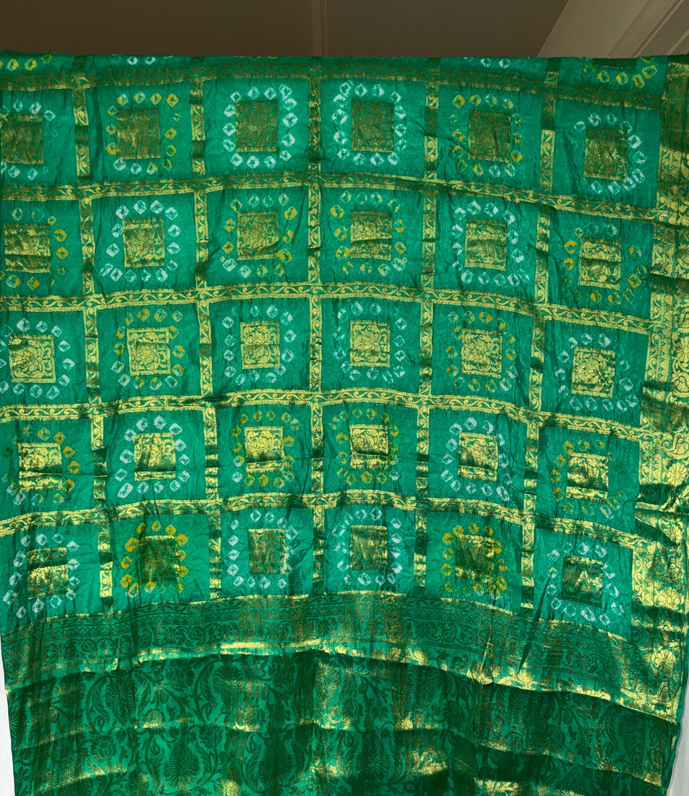 Turquoise Green Handmade Bandhani Dupatta with Full Gold Zari Work – Traditional Women's Ethnic Dupatta