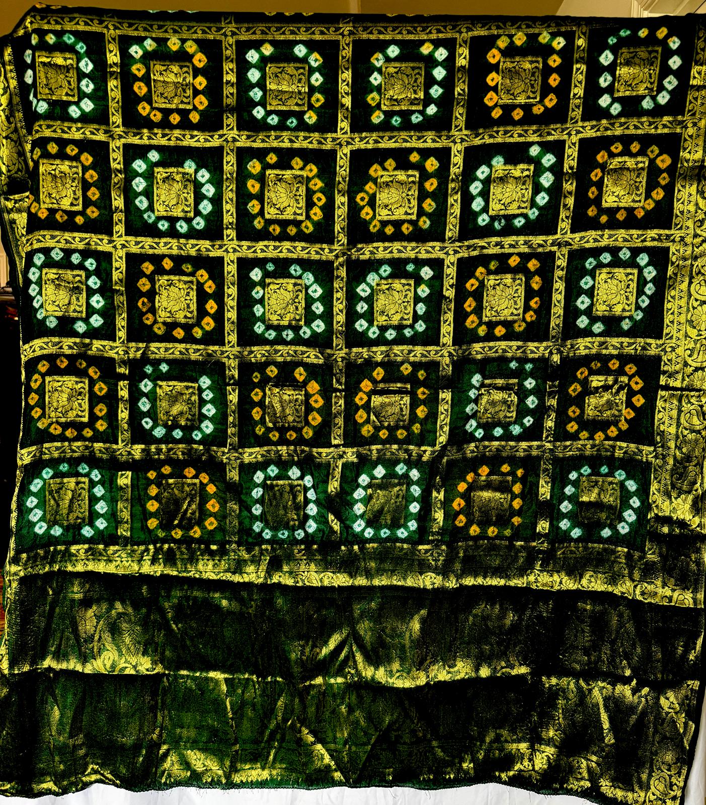 Olive Green Handmade Bandhani Dupatta with Full Gold Zari Work – Traditional Women's Ethnic Dupatta