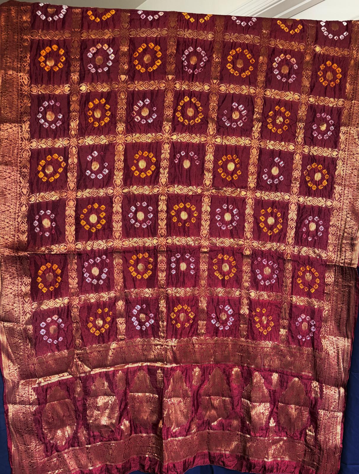 Maroon Handmade Bandhani Dupatta with Full Gold Zari Work – Traditional Women's Ethnic Dupatta