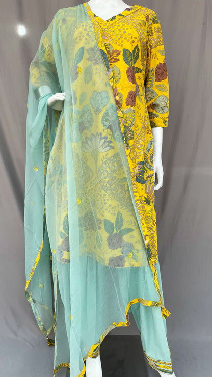 Yellow and Cyan Pure Cotton Full Patiala Salwar Suit