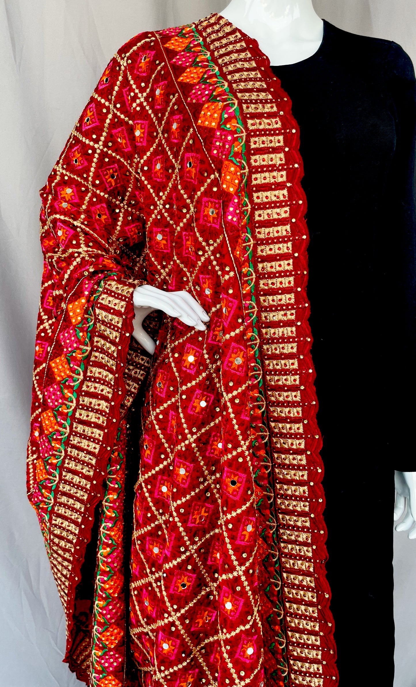 Maroon Golden Phulkari Dupatta, Indian Ethnic Punjabi Stole, with sequins work