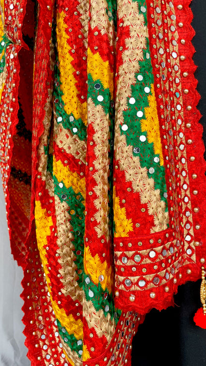Red Multicolor Golden Zig Zag Phulkari Dupatta, Indian Ethnic Punjabi Stole
