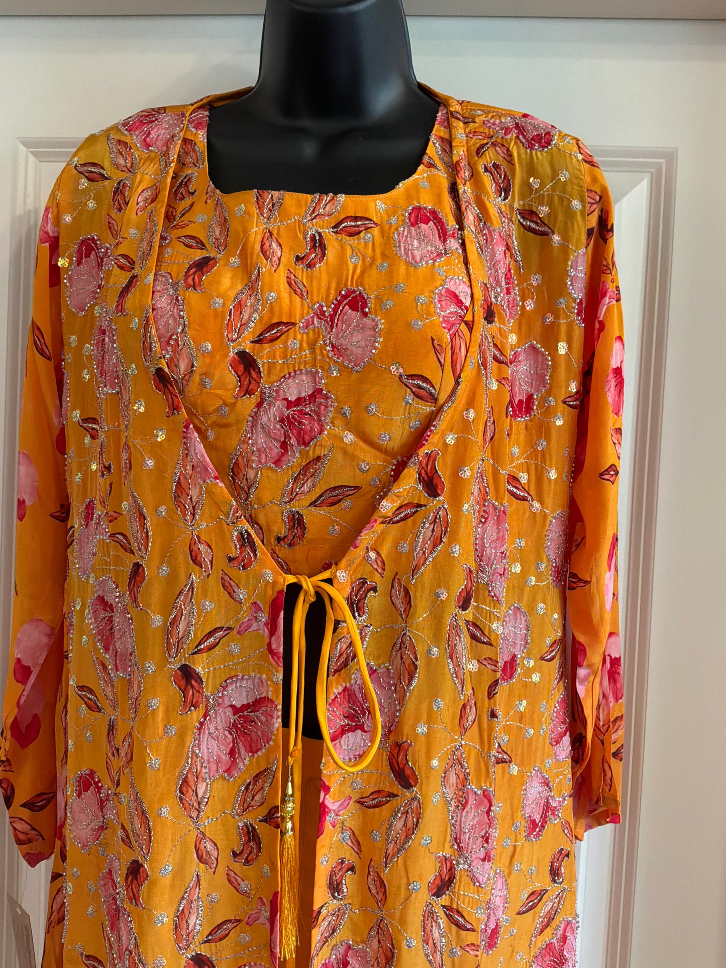 Floral Indo-Western Co-Ord Set with Natural Crepe Jacket & Top | Chinon Palazzo | Hand Embroidered | Women’s Party & Wedding Outfit