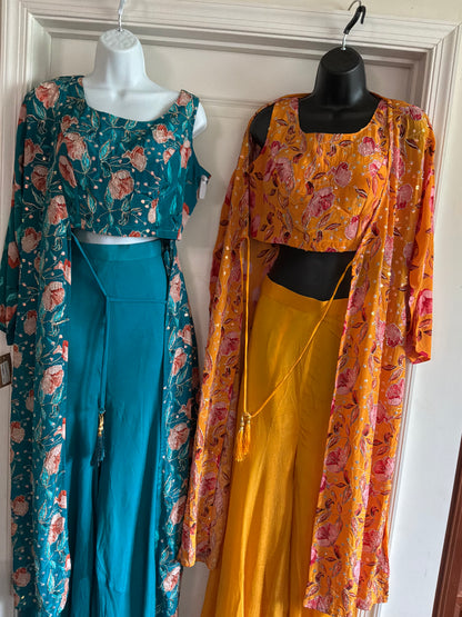 Floral Indo-Western Co-Ord Set with Natural Crepe Jacket & Top | Chinon Palazzo | Hand Embroidered | Women’s Party & Wedding Outfit