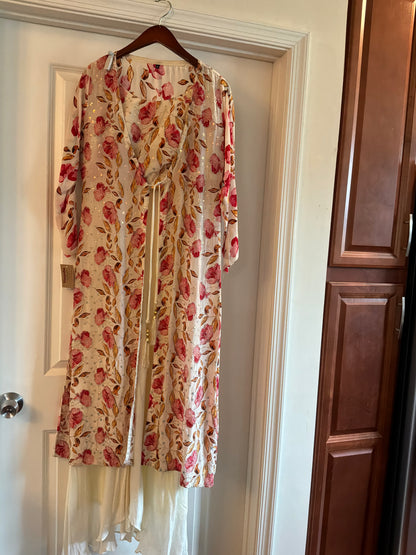 Floral Indo-Western Co-Ord Set with Natural Crepe Jacket & Top | Chinon Palazzo | Hand Embroidered | Women’s Party & Wedding Outfit