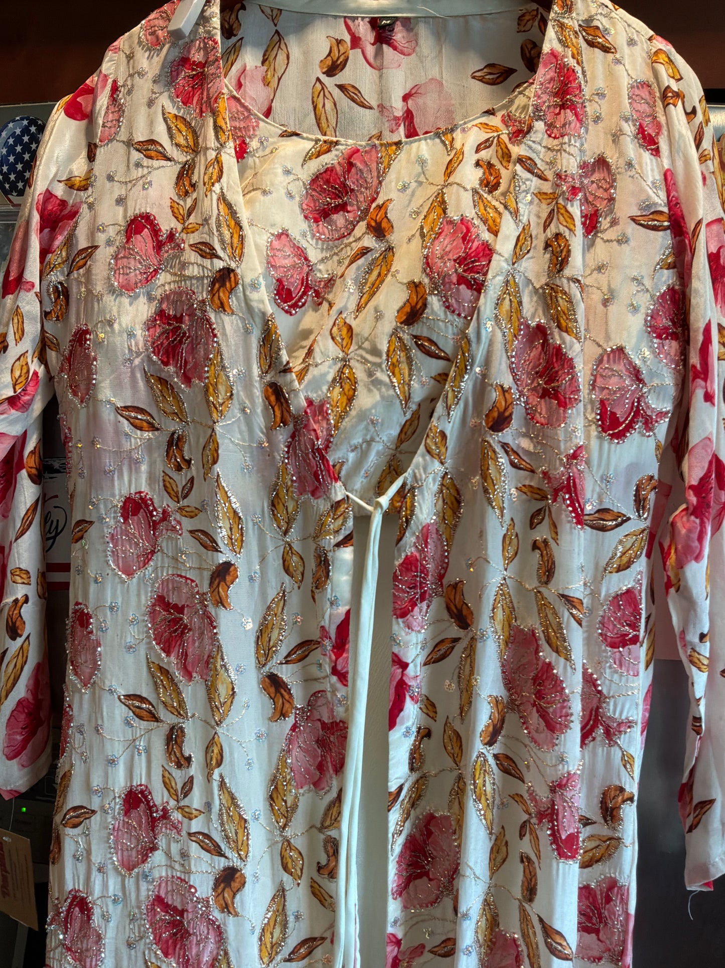 Floral Indo-Western Co-Ord Set with Natural Crepe Jacket & Top | Chinon Palazzo | Hand Embroidered | Women’s Party & Wedding Outfit