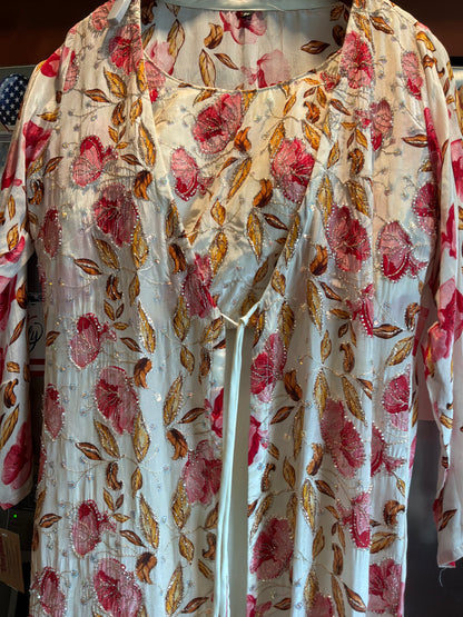Floral Indo-Western Co-Ord Set with Natural Crepe Jacket & Top | Chinon Palazzo | Hand Embroidered | Women’s Party & Wedding Outfit