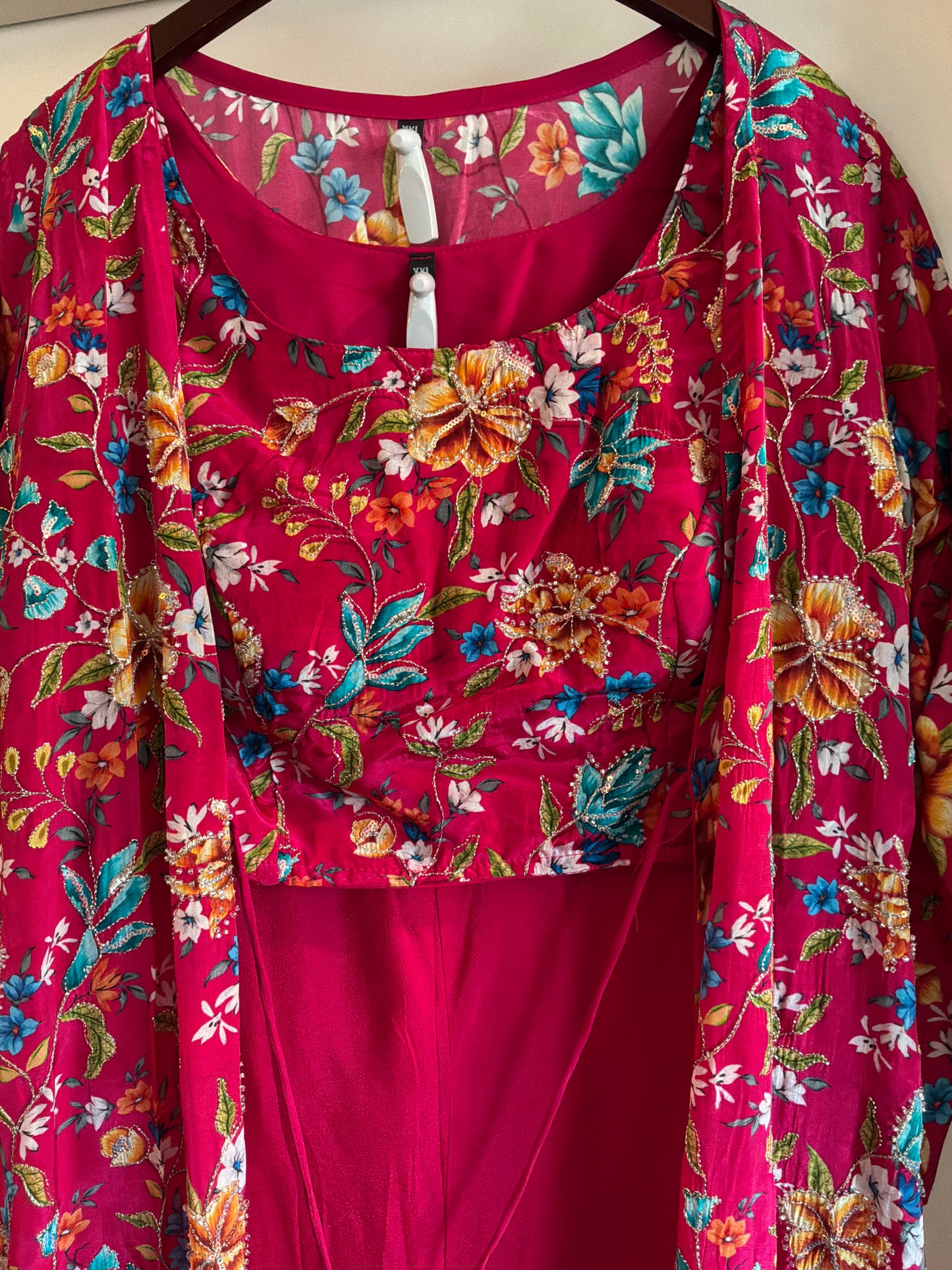 Floral Indo-Western Co-Ord Set with Natural Crepe Jacket & Top | Chinon Palazzo | Hand Embroidered | Women’s Party & Wedding Outfit