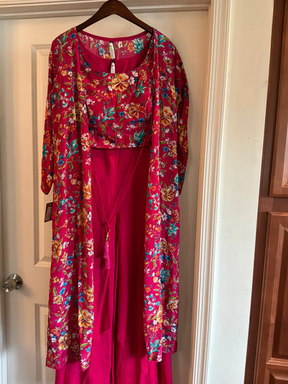 Floral Indo-Western Co-Ord Set with Natural Crepe Jacket & Top | Chinon Palazzo | Hand Embroidered | Women’s Party & Wedding Outfit